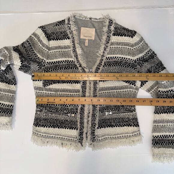 Rebecca Taylor Size 6 Fringe Tweed Jacket Black Gray White Bouclé Blazer cotton - Picture 13 of 13
